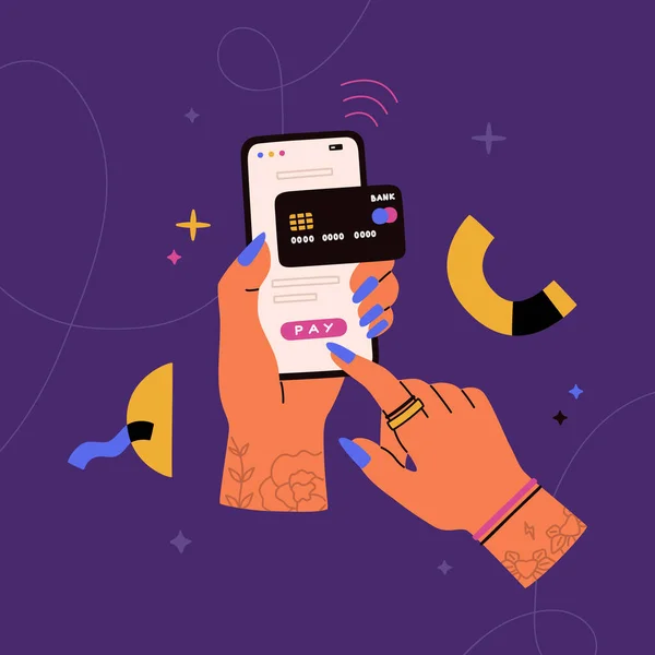 Telefon Och Kreditkort Kvinnliga Händer Mobila Betalningar Och Säkra Banktjänster — Stock vektor
