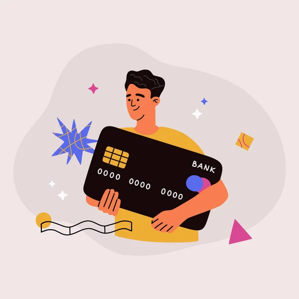 Genç çocuğun elinde büyük bir banka kartı var. Modern güvenli elektronik ödeme, para transferi, kredi kartları. El çizimi vektör çizimi, beyaz arka planda izole edilmiş, geometrik şekilli. Düz çizgi film biçimi.