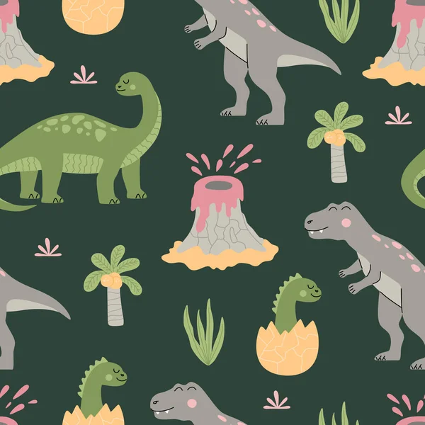 漫画かわいい恐竜 熱帯植物 火山とシームレスなパターン 緑の背景に隔離されたカラフルな動物 手描きベクトルイラストでトレンディーなフラットスタイル — ストックベクタ
