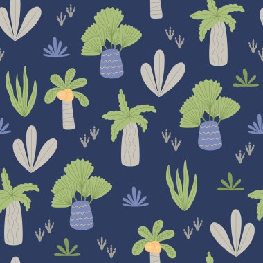 Çizgi film tarzında Afrika tropikal ormanları. Çeşitli palmiye ağaçları, bitkiler ve dinazor ayak izleriyle kusursuz desen. Mavi arka planda izole edilmiş renkli elementler. El çizimi düz vektör çizimi.