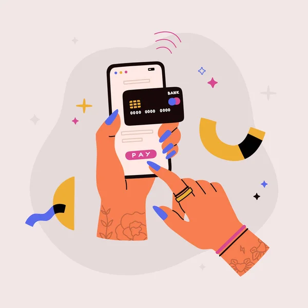 Telefon Och Kreditkort Kvinnliga Händer Mobila Betalningar Och Elektronisk Finansiering — Stock vektor