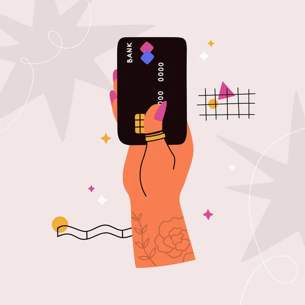 Kvinnlig Hand Håller Plast Kreditkort Säker Elektronisk Betalning Virtuell Bank — Stock vektor