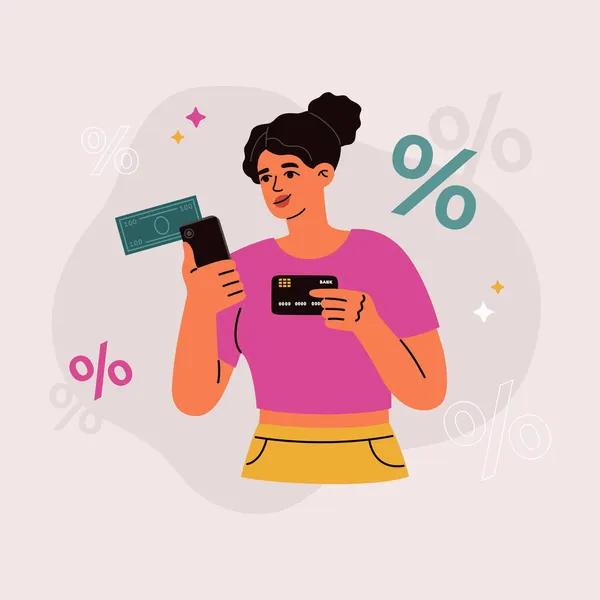 Mädchen Mit Kreditkarte Und Telefon Geld Anlegen Zinsen Erhalten Internet — Stockvektor