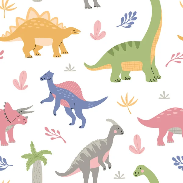 Tecknad Söt Dinosaurier Bland Tropiska Växter Sömlöst Mönster För Barn — Stock vektor