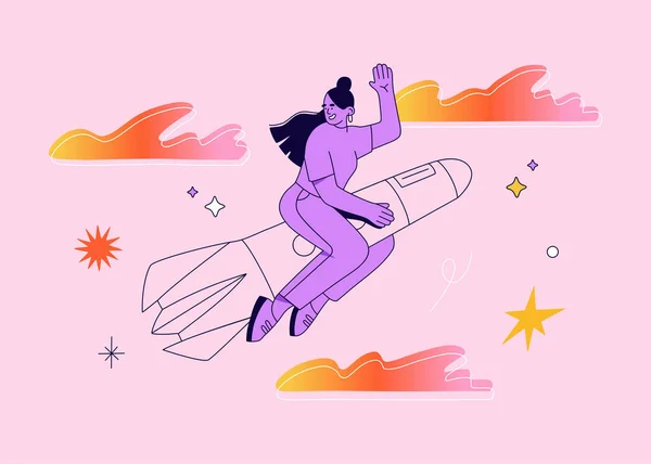 Junges Mädchen Fliegt Auf Der Rakete Den Himmel Unternehmerin Strebt — Stockvektor