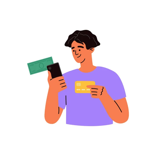 Genç adamda kredi kartı, telefon ve banknot var. Ödeme internet üzerinden. İnternet alışverişi, para transferi. El çizimi vektör çizimi beyaz arkaplanda izole edildi. Modern düz çizgi film tarzı.