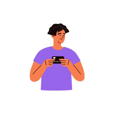 Genç adamın elinde bir kredi kartı var. Modern banka müşterisi. Kişisel finans konsepti. İş için dijital para. El çizimi vektör çizimi beyaz arkaplanda izole edildi. Moda düz çizgi film tarzı.