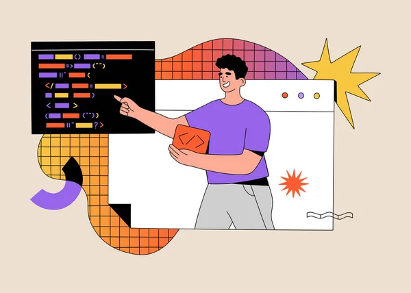 Bilgisayar ekranında web geliştirme üzerine çalışan programcı. Yazılım mühendisliği ve senaryo kodlama konsepti. El çizimi vektör çizimi ışık arka planında izole edildi. Modern düz çizgi film tarzı.