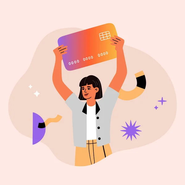 Girl Holds Big Credit Card Personal Finance Concept Online Shopping — Stockvektor