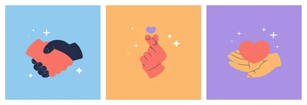 握手の心とアイコンと異なる手のセット 星とカラフルな背景に隔離されたベクトルイラスト 現代のフラット漫画スタイルで描かれた手 — ストックベクタ