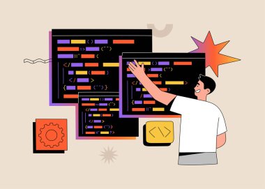 Yazılım geliştiricisi bilgisayardaki özel dilde kodlar yazar. Senaryo kodlama ve ağ mühendisliği kavramı. El çizimi vektör çizimi ışık arka planında izole edildi. Modern düz çizgi film tarzı.