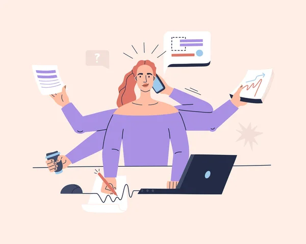 Multitasking Girl Performs Many Tasks Same Time Workplace Home Freelancer — Stock Vector