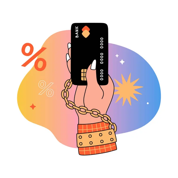Female Hand Chained Holding Credit Card Financial Debt Money Dependence — Stock Vector
