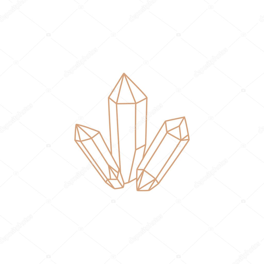 Crystal shape, quartz icon, gem stone gold simple contour line in boho style. Witch symbol and mystic design element, Hand drawn vector illustration isolated on white background. Modern flat style.
