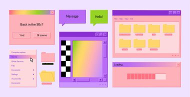 Retro kullanıcı arayüzü sekmeleri ve simgeleri kümesi. Mesajlı, klasörlü ve düğmeli eski bilgisayar pencereleri. Açık arkaplanda el çizimi renkli vektör çizimi izole edildi. Moda düz çizgi film tarzı.