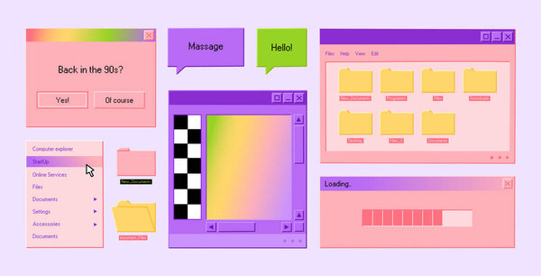 Набор вкладок и значков ретро-интерфейса пользователя. Старые компьютерные окна с сообщением, папками и кнопками. Ручная рисованная цветная векторная иллюстрация на светлом фоне. Модный плоский мультфильм.