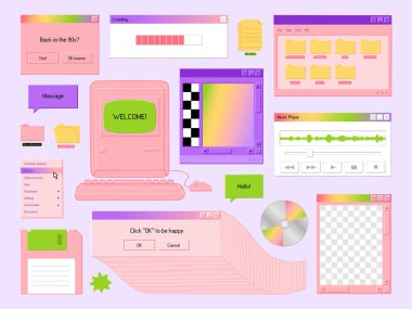 Retro tarzında çeşitli kullanıcı arayüzü ögeleri kümesi. Sekmeler, simgeler, pencereler. Eski bilgisayar doksanları konsepti. Açık arkaplanda el çizimi renkli vektör çizimi izole edildi. Modern düz çizgi film tarzı.