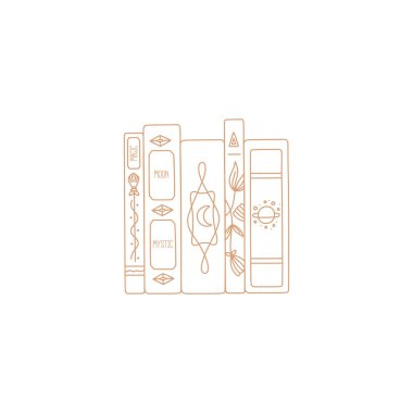 Bir yığın kitap, rafta kitaplar, basit altın hatlar, boho tarzı. Cadı sembolü ve mistik tasarım elementi. El çizimi vektör çizimi beyaz arkaplanda izole edildi. Modern düz stil.