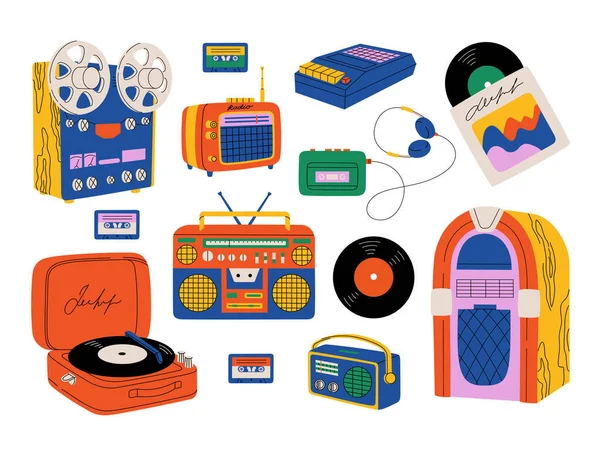 Retro müzik çalar, kaset kaydedici, kulaklık, teyp, klasik müzik seti, müzik kutusu, vinil plak. El çizimi vektör çizimi modern düz çizgi film tarzında beyaz arkaplanda izole edildi.