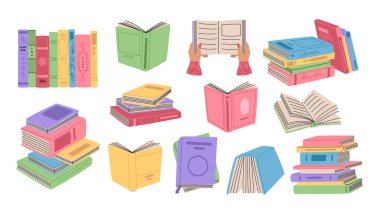 Renkli kapaklarda ve daha fazla kitap tabelasında retro kitaplar. Okumak ve çalışmak için kitap ve edebiyat yığınları. El çizimi vektör çizimi beyaz arkaplanda izole edildi. Düz çizgi film biçimi.