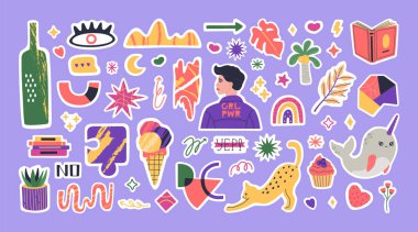 Bir sürü modaya uygun çıkartma planlayıcısı. Günlük planlamacılar ve günlükler için renkli unsurlar ve harfler. Sevimli haftalık resimler, motivasyon alıntıları. Düz çizgi film tarzında elle çizilmiş vektör çizimi.