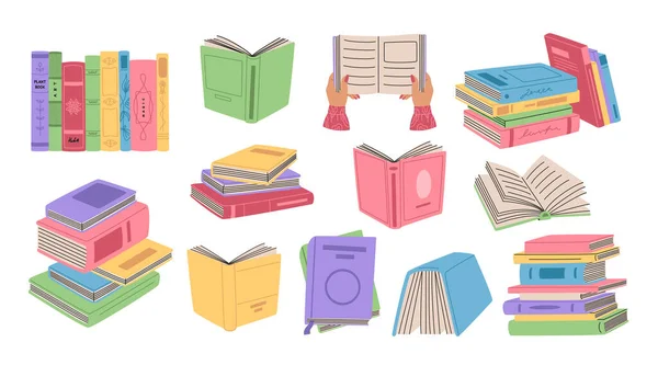 Renkli kapaklarda ve daha fazla kitap tabelasında retro kitaplar. Okumak ve çalışmak için kitap ve edebiyat yığınları. El çizimi vektör çizimi beyaz arkaplanda izole edildi. Düz çizgi film biçimi.