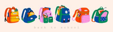 Farklı okul çantaları ve okul çantaları. Sabit kitaplarla dolu renkli çocuk çantaları koleksiyonu. El çizimi vektör çizimi beyaz arkaplanda izole edildi. Modern düz çizgi film tarzı.