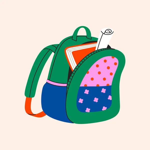 Backpack Full Stationery Study Supplies Colorful Schoolbag Kids Hand Drawn — Stok Vektör