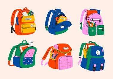 Set of various school backpack and schoolbag. Collection of colorful children bags with stationary, textbooks. Hand drawn vector illustration isolated on white background. Modern flat cartoon style.