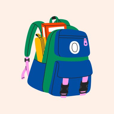 Çalışma malzemeleri ve kırtasiyelerle dolu bir sırt çantası. Ders kitapları ve kalem kutusu olan renkli bir okul çantası. El çizimi vektör çizimi beyaz arkaplanda izole edildi. Modern düz çizgi film tarzı.