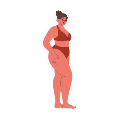 Plump girl posing in swimwear. Concept of plus size models, body positivity. Hand drawn vector illustration isolated on white background. Modern flat cartoon style.