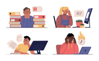 Set of people tired from hard work. Burnout concept. Men and women sit in the office, overworked and needs recharge. Hand drawn vector illustration isolated on white background. Flat style.