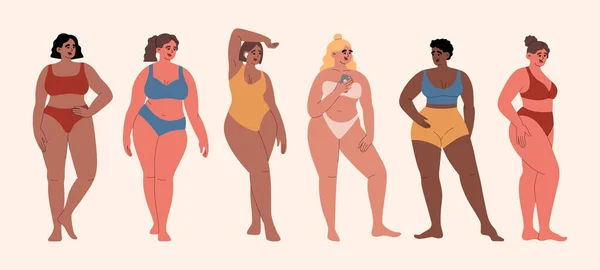 Set Obese Women Posing Swimwear Concept Size Models Body Positivity — Archivo Imágenes Vectoriales