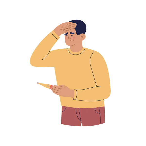 体温計の男が頭を抱えてる 風邪やインフルエンザの症状を持つ病気の男 白地に描かれた手描きカラーベクトルイラスト 現代のフラット漫画スタイル — ストックベクタ