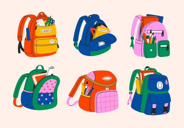 Set Various School Backpack Schoolbag Collection Colorful Children Bags Stationary — Stock vektor