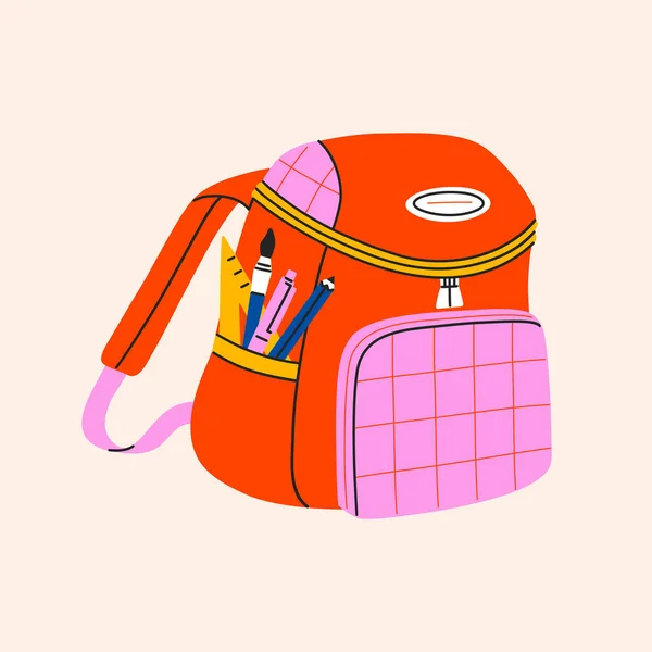 Backpack Study Supplies Stationery Colorful Schoolbag Kids Hand Drawn Vector — Stockvector