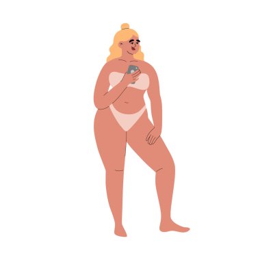 Mayo giymiş tombul bir kadın. Vücut pozitif konsept, artı boyut modeli. El çizimi vektör çizimi beyaz arkaplanda izole edildi. Modern düz çizgi film tarzı.