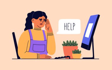 Genç kız çok çalışmaktan yoruldu. Bilgisayarın başındaki ofiste oturan kadın işten dolayı üzgün. Mutsuz insan çok çalışıyor. Modern düz çizgi film tarzında el çizimi renk vektörü çizimi.