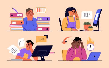 Bir grup insan sıkı çalışmaktan yoruldu. Tükenmiş konsept. Erkekler ve kadınlar ofiste otururlar, çok çalışırlar ve şarj olmaları gerekir. El çizimi renk vektörü çizimi ışık arka planında izole edildi. Düz biçim.