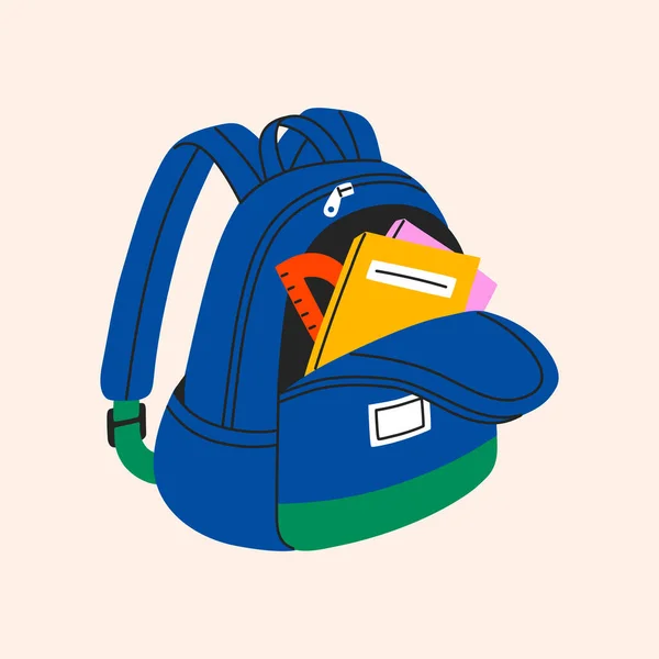 Mochila Con Útiles Estudio Colorido Bolso Escolar Con Libros Texto — Archivo Imágenes Vectoriales