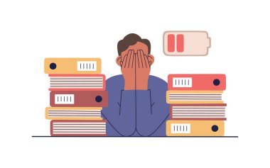 Adam çalışmaktan, çalışmaktan yoruldu. Masada bir yığın klasörle oturan adam. Mutsuz insan çok çalışıyor ve şarj olması gerekiyor. El çizimi vektör çizimi. Düz çizgi film biçimi.