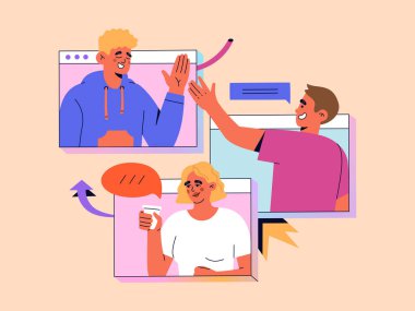 Çevrimiçi görüntülü konuşma, sanal konferans, evden çalışan ekip. Bir grup kadın ve erkeğin bir iş toplantısı var. El çizimi vektör çizimi ışık arka planında izole edildi. Modern düz çizgi film tarzı.