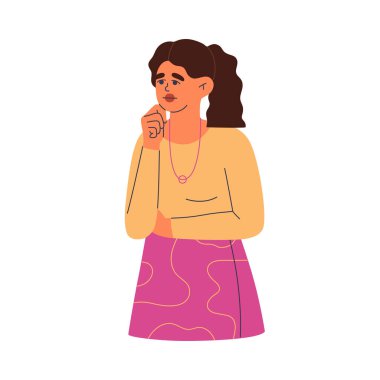 Düşünen endişeli yüzlü düşünceli genç bir kadın. Düşünceleri ve şüpheleri olan kafası karışmış bir kız. Beyaz arkaplanda el çizimi renk vektörü çizimi izole edildi. Modern düz çizgi film tarzı.