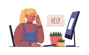 Genç kız çok çalışmaktan yoruldu. Bilgisayarın başındaki ofiste oturan kadın işten dolayı üzgün. Mutsuz insan çok çalışıyor. Düz çizgi film tarzında elle çizilmiş renk vektörü çizimi.