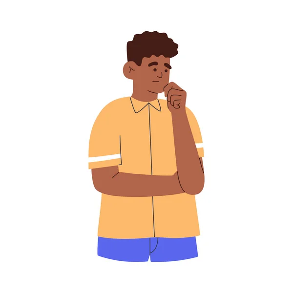アフリカ系アメリカ人の青年が真剣な顔で立っている 思考や疑問で困惑した男 白地に描かれた手描きカラーベクトルイラスト 現代のフラット漫画スタイル — ストックベクタ