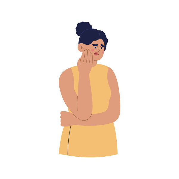 Молодая девушка страдает от зубной боли. Больной женщиной с болезненным выражением лица, держа его за щеку рукой. Ручной рисунок цветового вектора изолирован на белом фоне. Современный плоский стиль мультфильма.