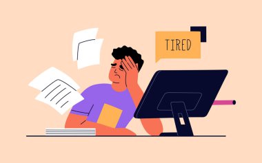 Man tired of hard working, burnout at work. Guy at office sits by the table with computer. Unhappy person overworked. Hand drawn vector illustration isolated on light background. Flat cartoon style.