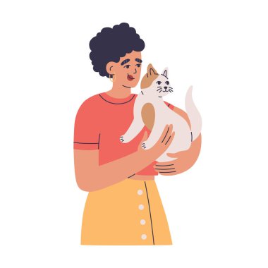 Sevimli bir kedi tutan genç bir kadın. Sevilen evcil hayvanın sahibi. Beyaz arkaplanda el çizimi renk vektörü çizimi izole edildi. Modern düz çizgi film tarzı.