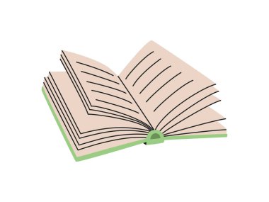 Açık kitap. Okuma ve eğitim konsepti. El çizimi vektör çizimi beyaz arkaplanda izole edildi. Modern düz çizgi film tarzı.