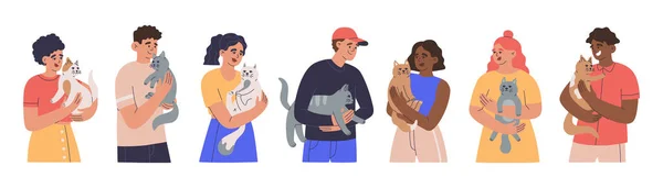 Set People Holding Cute Cats Different Men Women Owner Lovely — Stock Vector